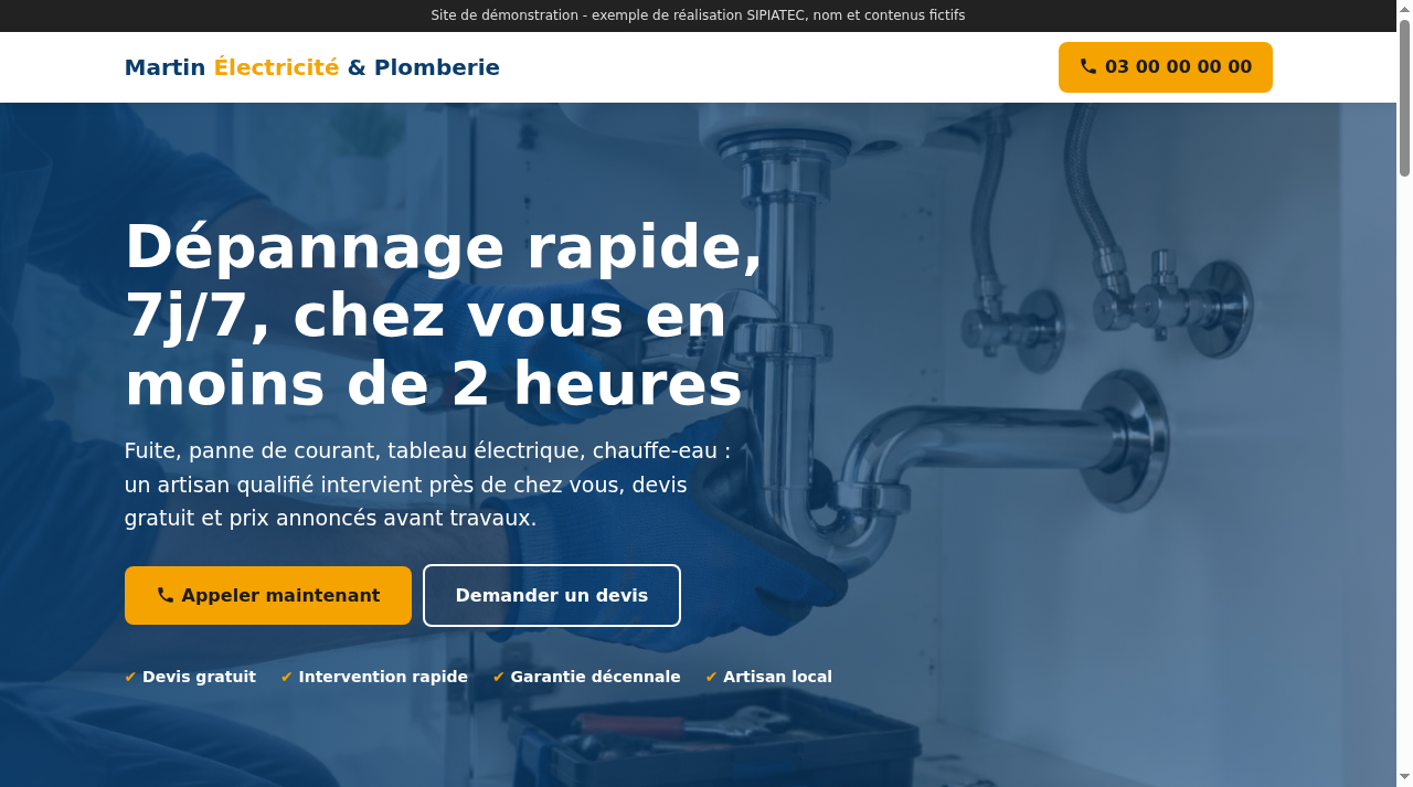 Capture du site de démonstration artisan SIPIATEC